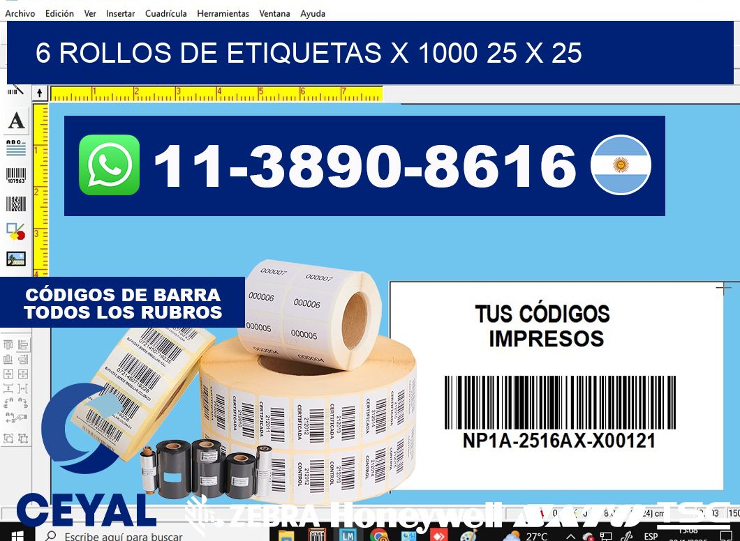 6 rollos de etiquetas x 1000 25 x 25
