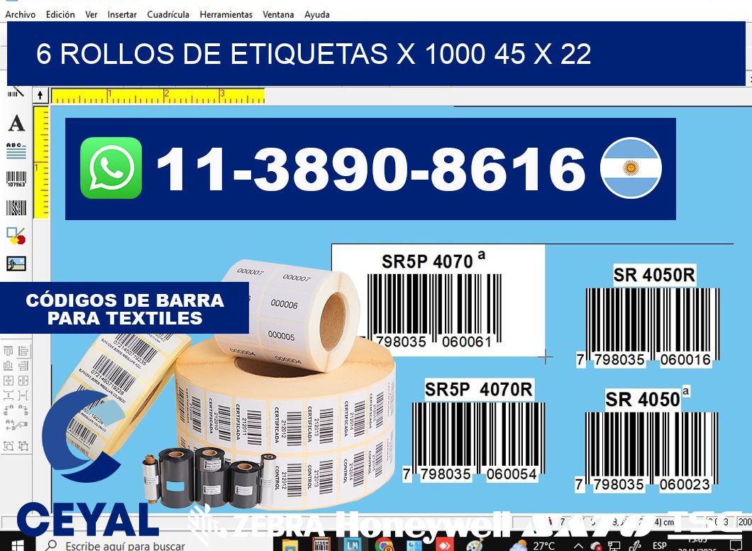 6 rollos de etiquetas x 1000 45 x 22