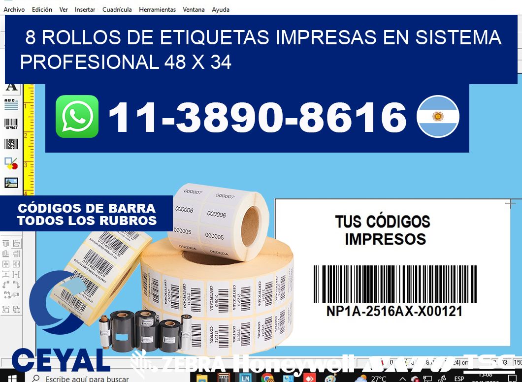 8 rollos de etiquetas impresas en sistema profesional 48 x 34